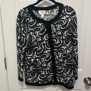 Talbots 100% Merino Wool Button Up Sweater‎ Cardigan Womens Large Black Cream